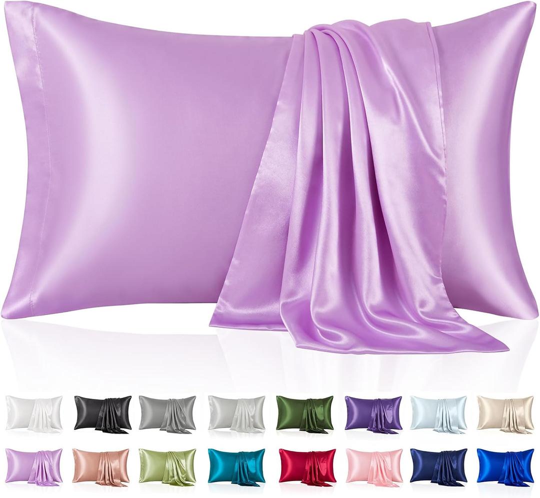 Silk Like Satin Pillowcase King Size, Lavender Smooth and Cooling Satin-Silk Pillow Cases for Hair and Skin with Envelope Closure, Gift for Women Men, 2 Pack (20x36, Lavender)