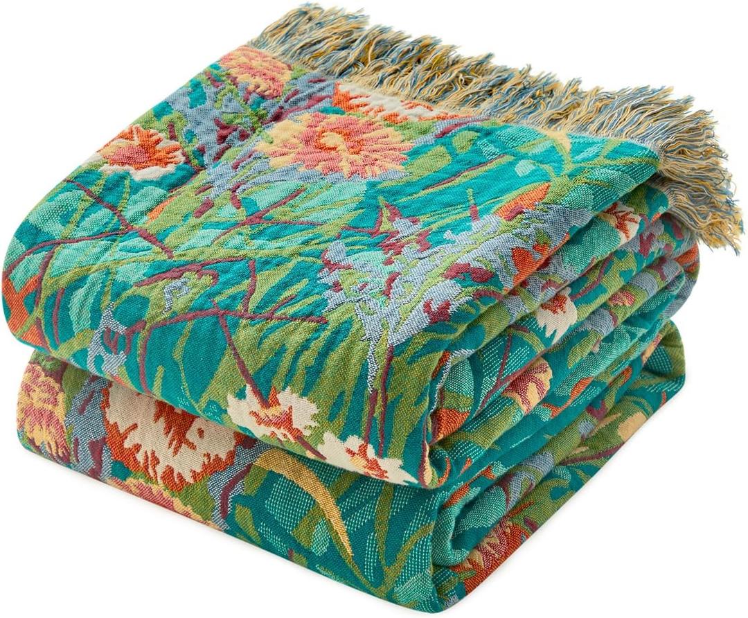 LUTBM Boho Throw Blanket for Bed Cotton Spring Blankets Twin Size for Bedroom Living Room All Season Lightweight Floral Embroidery Reversible Quilt for Couch Sofa Chair 60"x80" Home Decor