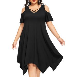 Pinup Fashion Plus Size Sundress - Summer Women Casual Cold Shoulder Handkerchief Hem Dress with Pockets (Black-2)