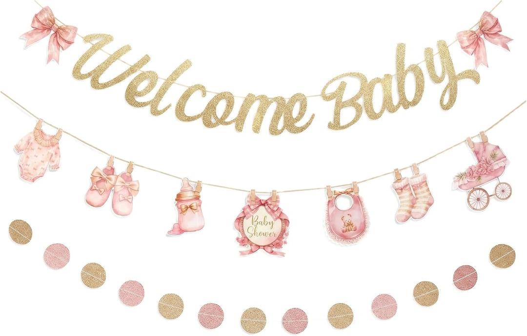 Baby Girl Baby Shower Decorations,3 Pcs Pre-Strung Welcome Baby Banner,Baby in Bloom Garland Decor,Pastel Pink for Girl Baby Shower, Gender Reveal, Newborn Welcome Party