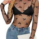 Lace Undershirt for Women Mesh Long Sleeve Floral Crochet Tops Sheer Layering Blouse Western Cowgirl Concert Outfits (X-Small, Black Bow)