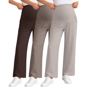 3 Pack Women's Maternity Pants Loose Wide Leg Pregnancy Sweatpants Over the Belly Lounge Pants Pajama with Pockets(Dark Brown, Light Coffee, Gray Apricot,X-Large)
