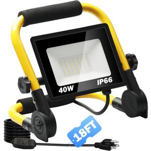 4800LM LED 40W Work Light, Portable Flood Light with 18FT Cord, IP66 Waterproof 5000K Worklight Floodlight for Outdoor, Job Site Workshop Garage Construction Site Lighting