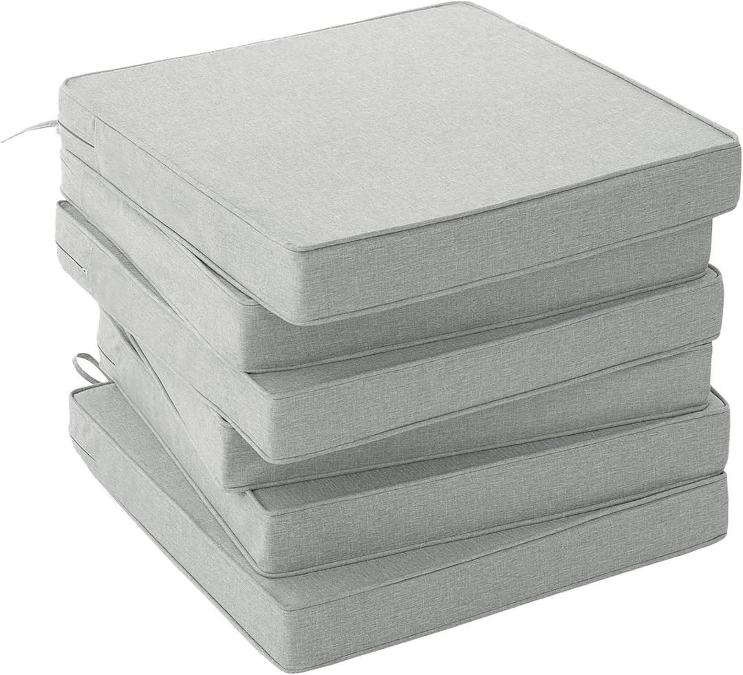 Outdoor Chair Cushions, Water-Resistant & Fade-Resistant, Patio Furniture Square Seat Replacement Chair Pads with Ties, Removable Cover, Non-Slip Bottom, Set of 6, 19 x 19 Inch, Light Grey