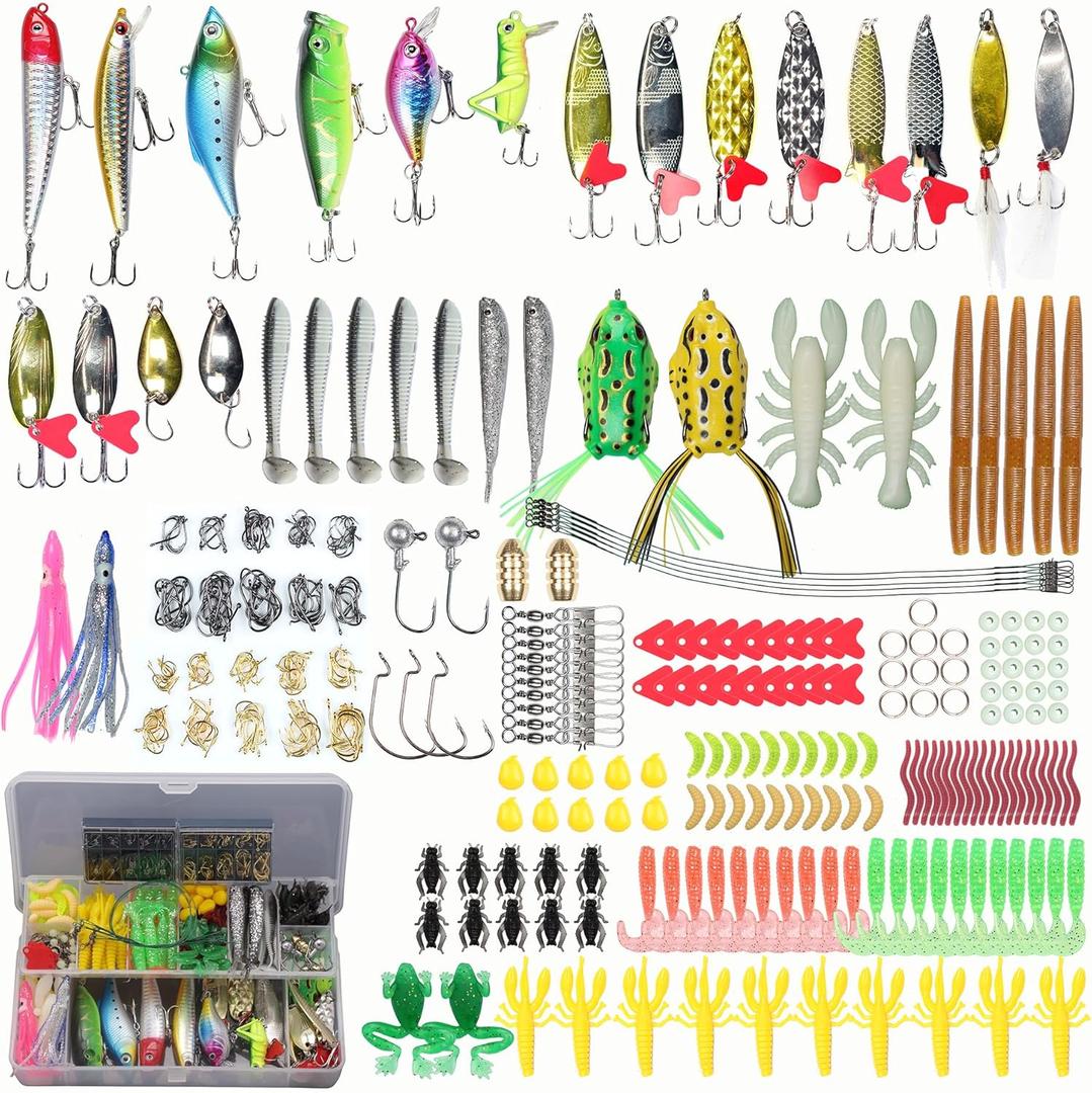 Fishing Lure Fishing Lures kit Lure Set for Bass Trout Salmon Freshwater Fish Tackle Box Shrimp Worm Bait Spoon Grasshopper Crankbait Jigs Hooks Fishing Gear and Equipment (Black-399pcs)