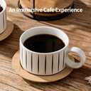 LUKA 6 Ounce Porcelain Stackable Espresso Cups with Saucers and Metal Stand Set of 4, Ceramic Cappuccino Cups Set for Specialty Coffee Drinks, Latte, Cafe Mocha and Tea, Stripes, White (EXP 07/28/26)