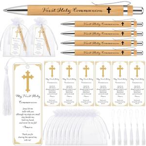 Spakon 25 Sets Baptism Favors for Guests the First Communion Bamboo Pens Cross Bookmark with Tassels Organza Bags for First Communion Party Favors Christian Gift