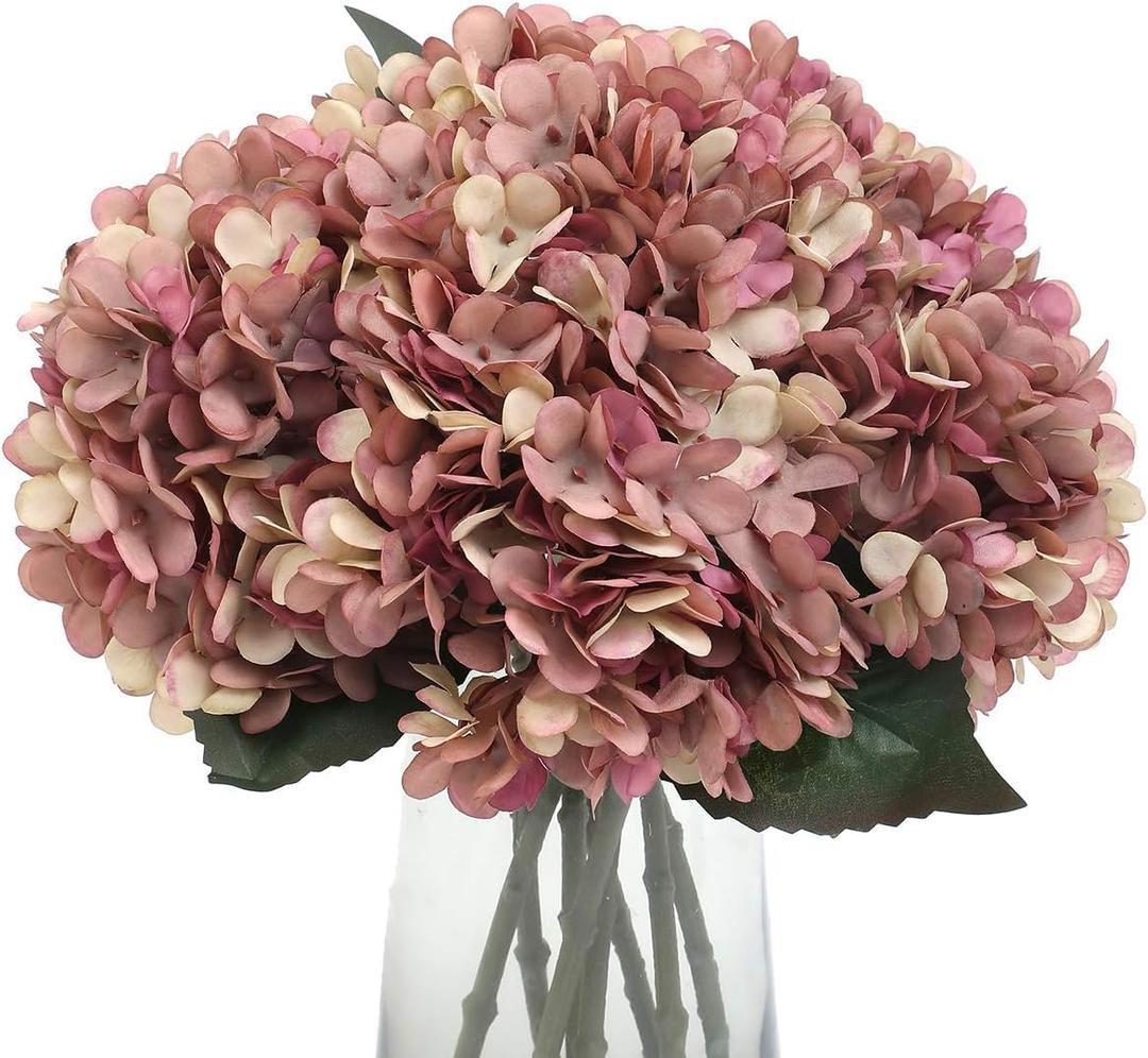 5Pcs Artificial Fake Flowers Plants Silk Hydrangea 1 Flower Head Arrangements Wedding Bouquets Decorations Plastic Floral Table Centerpieces Home Kitchen Garden (Dusty Pink)
