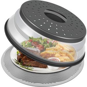 LekDrok 10 Inch Microwave Food Cover & Collapsible Silicone Mat - Splatter Guard, Plate Holder & Kitchen Colander for Meal Prep, Charcoal