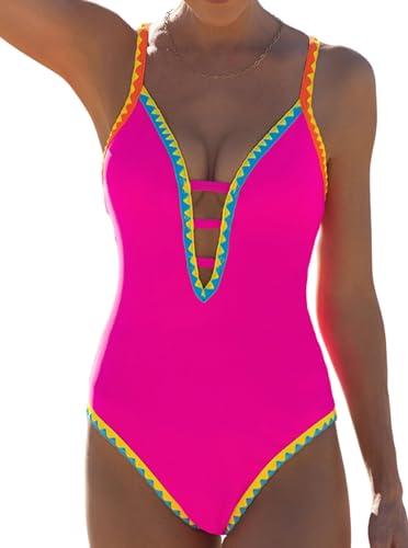 popvil Women One Piece Swimsuit Tummy Control Deep V Neck Neon Cute Bathing Suit Back Tie Swim Suits 2025 Summer, Rose Red Small