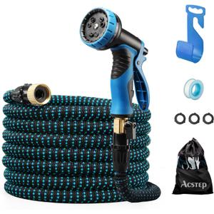 Expandable Garden Hose,75FT Water Hose with 9-Function High-Pressure Spray Nozzle, Heavy Duty Flexible Hose, Solid Brass Fittings Leakproof Design (Blue) 75FT/22.5m