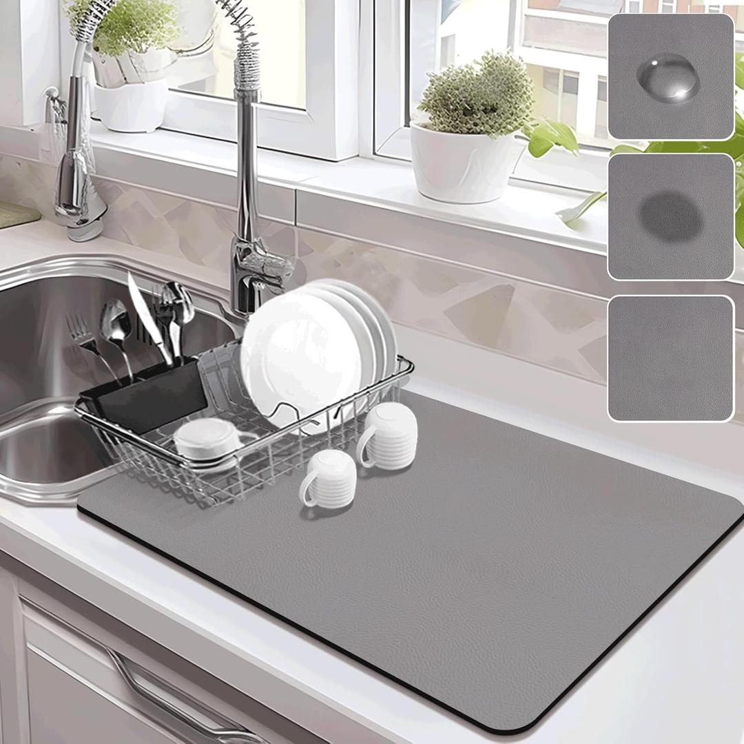 Drying Mat for Kitchen Countertops, Coffee Mat Hide Stain Rubber Backed Absorbent Dish Drying Mat (18" x 28", Dark Gray)