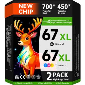 67XL Compatible for HP 67 Ink Cartridges Black/Color Combo Pack Works with HP Deskjet 2800e 2855e 2700 2700e 2755 2755e 2852e 4255e 2827e 4100e 4155e Envy 6000 6055e 6455e Printer (2-Pack)