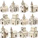 Hiboom 24 Pcs DIY Christmas Village Sets Wood Rustic Church Christmas Mini Wooden House Gift for Winter Xmas Party Crafts Decorations