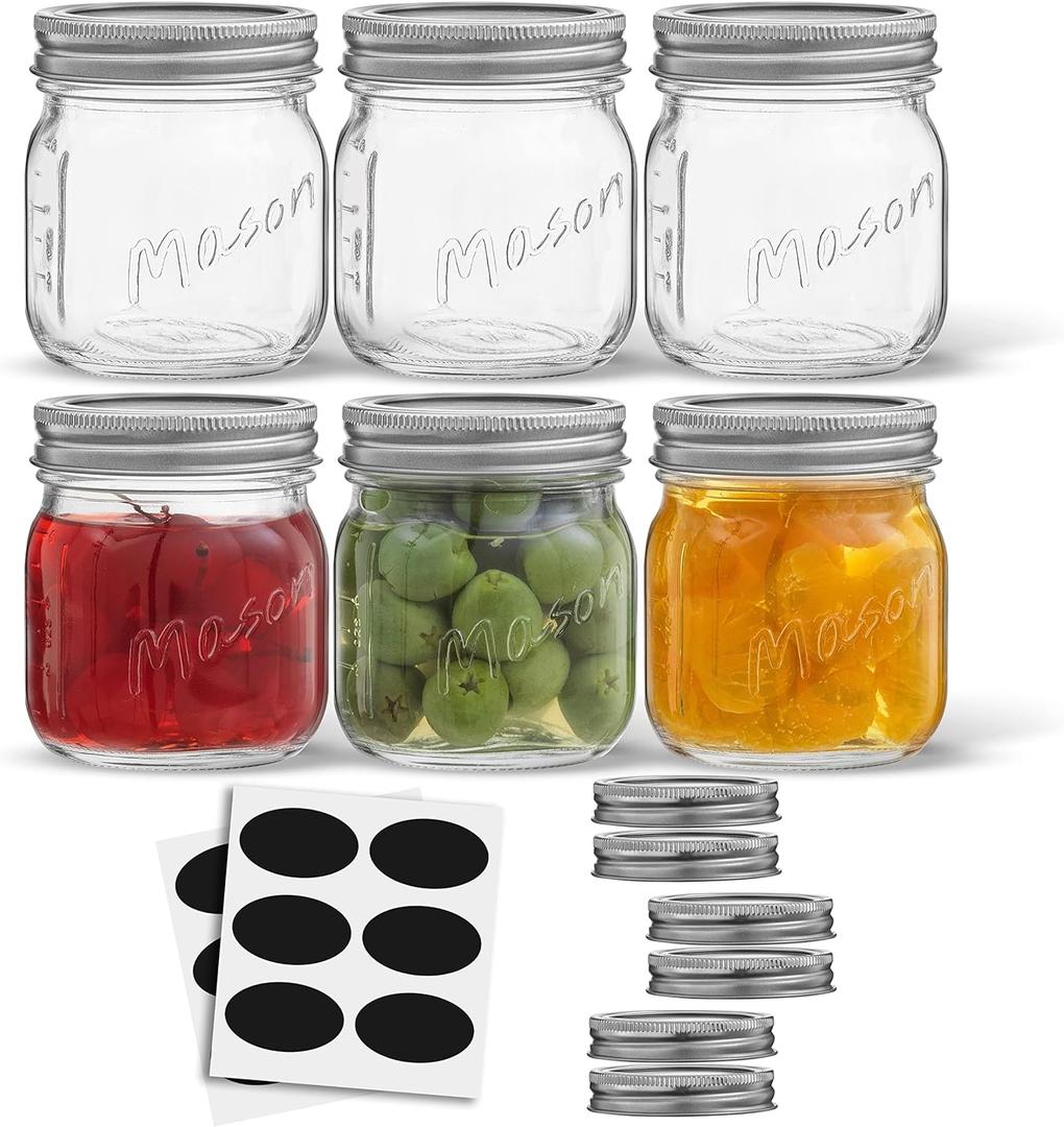 JoyJolt 8 Oz Mason Jars With Lids, Labels and Measures! 6-Pack Regular Mouth Mason Jars, Glass Jar with Lid and Band. Airtight Canning Jars, Overnight Oats Jars, Salad Jars, Sourdough Starter Jar