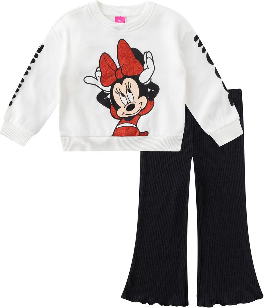 Disney Minnie Mouse Girls Sweatshirt and Flared Legging Pants Set for Infant to Toddlers (18M, White/Black)