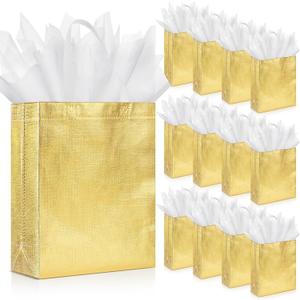Sweetude 50 Pcs Reusable Gift Bags with Handles Grocery Gift Bags with Tissue Paper Glitter Shopping Bags for Present Birthday Wedding Party (Gold, 8 x 4 x 10 Inch)