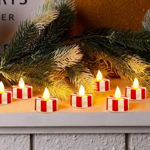 24 Pcs Christmas Candy Cane Tea Lights LED Flameless Candles Striped Battery Operated Flickering Candles Warm Yellow Light Flameless Tealight for Christmas Party(Red)