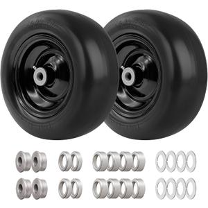 (2-Pack) RRQ 11x4.00-5 Flat Free Lawn Mower Tires and Wheels, 11x4x5 Solid Smooth Tread Tire with Universal Adapter Kit, 3.4" Centered Hub, 3/4" & 5/8" Bushing, for Zero Turn Mower and Garden Tractor