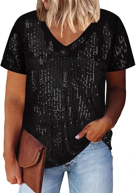 Lwcbcby Plus Size Tops for Women Short Sleeve Tee Shirts Casual Pullover High Low Split Hem Black Sequin Spark Blouse 3XL 22W 24W