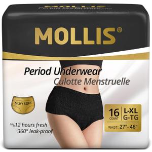 MOLLIS Disposable Period Underwear for Women, Postpartum Panties, Maternity Knickers Heavy Flow Leak Proof, Unscented, Black, Large/X-Large, 16 Count