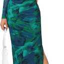 CFLONGE Long Sleeve Dress for Women Floral Print Ruched Wedding Guest Maxi Dresses Tight Fitted Cocktail Party Bodycon Dress (Green, XXL)