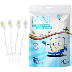 Mini Brushes-Disposable Toothbrushes with Toothpaste + Tongue Scraper + Picks+Floss Pick 5 in 1 Individually Wrapped for Work or Travel 26 Count (Iced Lemon Flavor)