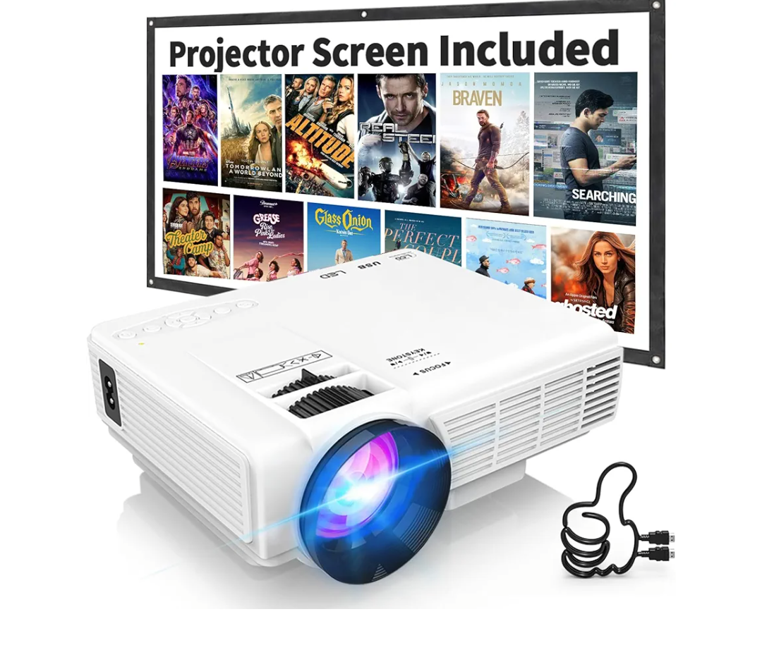 PANSEBA 1080P Mini Projector with Screen, Portable Home Theater Movie Projector with Two-Way Bluetooth, HDMI/USB Input for Smartphone/TV Stick, Ideal for Indoor & Outdoor Use, White