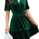 Simplee Christmas Velvet Green Dress Women Cocktail Classic Flare Short Sleeve Mini Dress V Neck A Line Ruffle Hem Tiered Bridesmaid Short Swing Dress with Pockets (Green L)Size Large