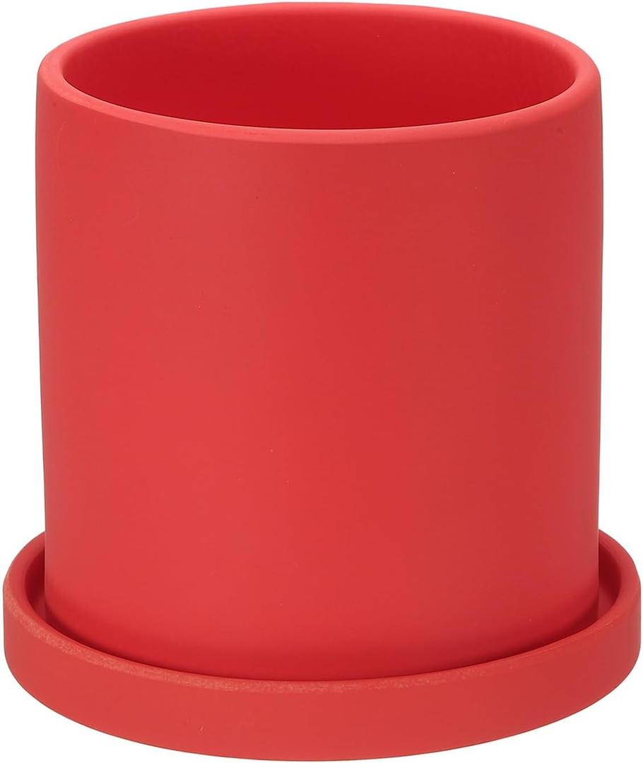 PATIKIL 5 Inch Ceramic Plant Pots, Modern Flower Planters with Drainage Holes and Tray for Decorate Home Indoor Plants Succulent Herb, Red