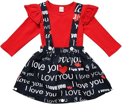 XFGLCK Toddler Baby Girls Valentine Outfit Ruffle Long Sleeve Shirt Tops +Heart Print Suspender Skirt 2Pcs Set 100 size