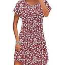 PLOKNRD Summer Dress Casual Beach Short Sleeve Fit T Shirt Sundresses Flowy Cover Ups, Red White Flower-XL