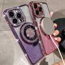 Magnetic Case for iPhone 14 Pro Max with Ring Holder, Luxury Glitter Rhinestone Bling Case [Compatible with Magsafe] Shockproof Kickstand Camera Lens Protector for iPhone 14 Pro Max (Purple)