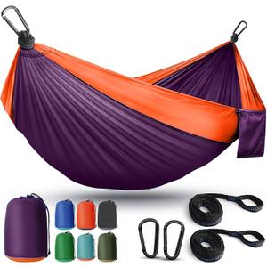 Camping Hammock Lightweight, Portable Hammocks Parachute Hammock with Two Tree Straps, Single or Double Travel Swing Nylon Camp Hammocks, Outdoor Essentials for Beach Backpacking Hiking, Orange