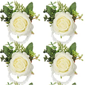Jexine 4 Pcs Rose Wrist Corsage Bracelets Wedding Bridal Wrist Artificial Flower Wristband Flower Hand Decor for Bride Bridesmaid Homecoming Prom Party Decor(White Elegant)