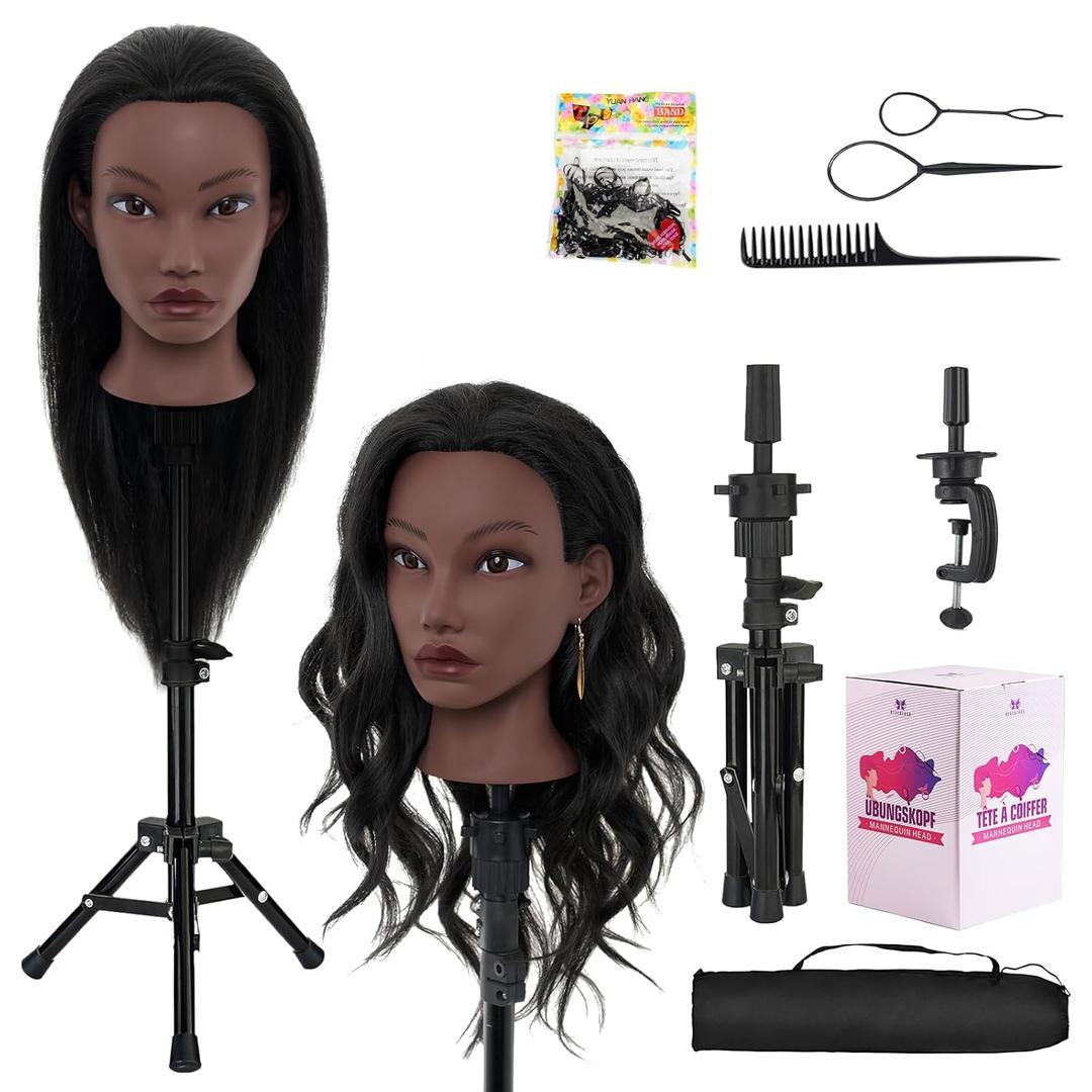 20 Inch Mannequin Head Human Hair with Stand,Real Hair Mannequin Head for Braiding,Cosmetology Manikin Doll Head for Styling with Mannequin Head Stand Table Clamp Hair Braiding Set