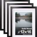 Egofine 12x16 Picture Frames Set of 4, Made of Solid Wood Covered by Plexiglass 9x12 and 11x14 with Mat or 12x16 without Mat, for Wall Mounting Photo Frame Black