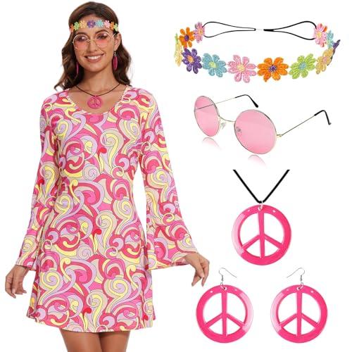 HyperFun 60s 70s Outfit for Women Disco Dress Hippie Costume Accessories Set 70s Clothes for Groovy Party Halloween Cosplay, Medium