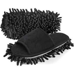 Friendly House Women's Microfiber Floor Cleaning Mop Slippers with Terry Towel Fabric (Suitable for women size 9-10.5, Black)