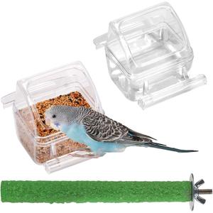 IBWell 2 Pack Clear Water Bowl and Food Container - Bird Cage Feeder With Perch for Parakeets - No Mess Design