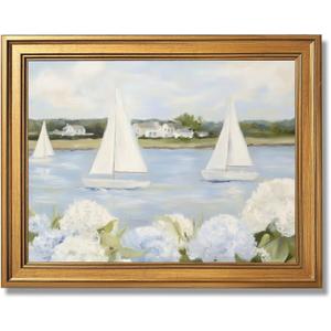 Licpach Grandmillennial Preppy Coastal Wall Art Nautical Sailboat Blue White Floral Canvas Print Vintage Seaside Beachy Cottagecore Decor Posters forBathroom Bedroom Aesthetic 24X36inch Golden Frame