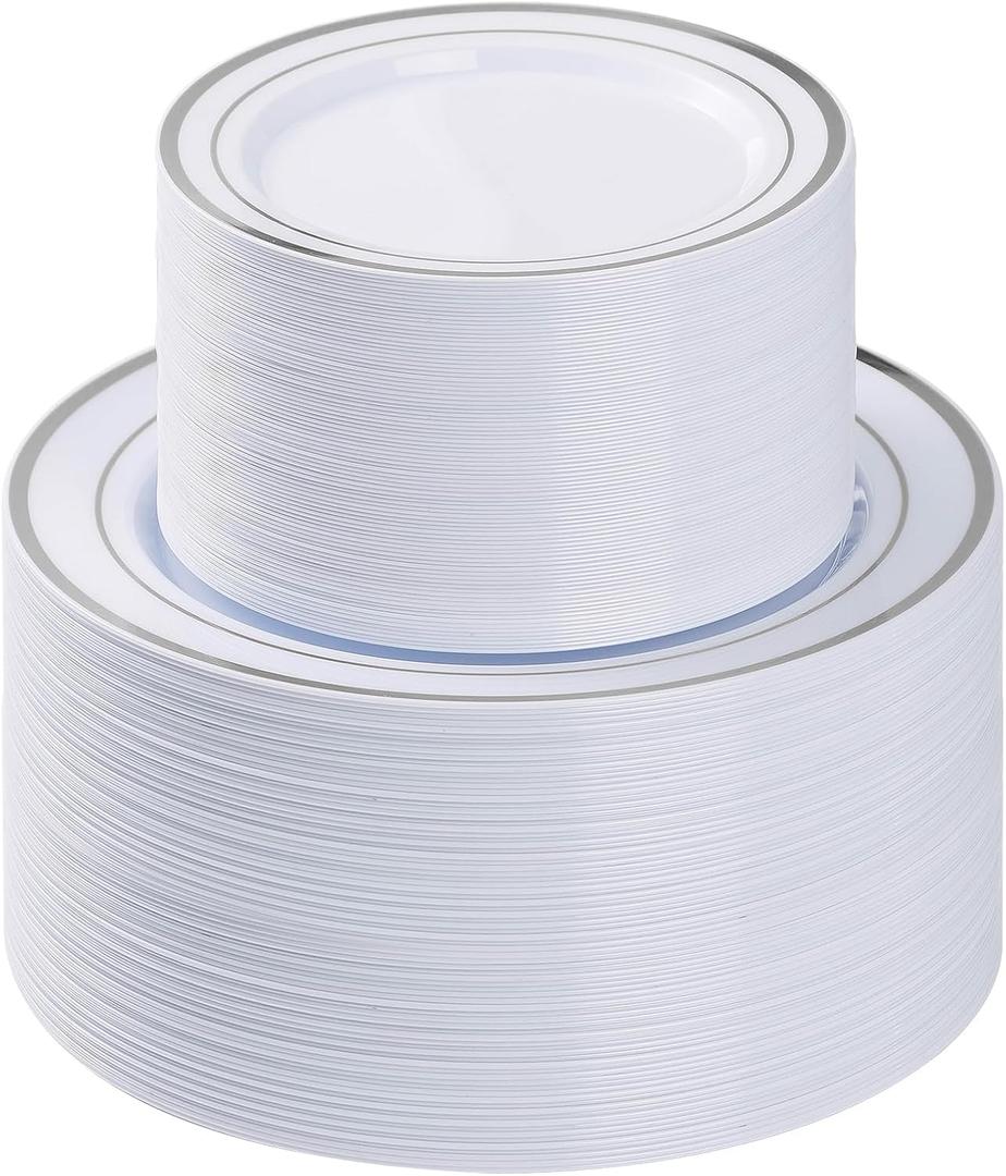 4 x BESTVIP 200PCS Silver Plastic Plate, Disposable Party Plates with 100 Dinner Plates and 100 Dessert Plates, Plastic Plates for Party, Wedding and Birthday