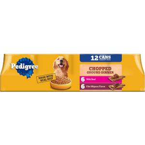Pedigree Chopped Ground Dinner Wet Dog Food Filet Mignon & Beef Variety Pack, Canned Dog Food, 13.2 oz. Cans, 12 Count (EXP 02/03/28)
