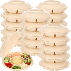 20 Pcs Disposable Divided Plates with 6 Deep Compartments 11 Inch Compostable Serving Tray with Lid Round Large Taco Chips Fruits Veggie Plates for Party Buffet