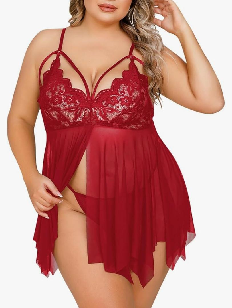 Plus Size Babydoll Womens Lace Sheer Mesh Lingerie V Neck Push Up Slit Top G String Thong Nighty Sleepwear 2 Piece, Size: XXL