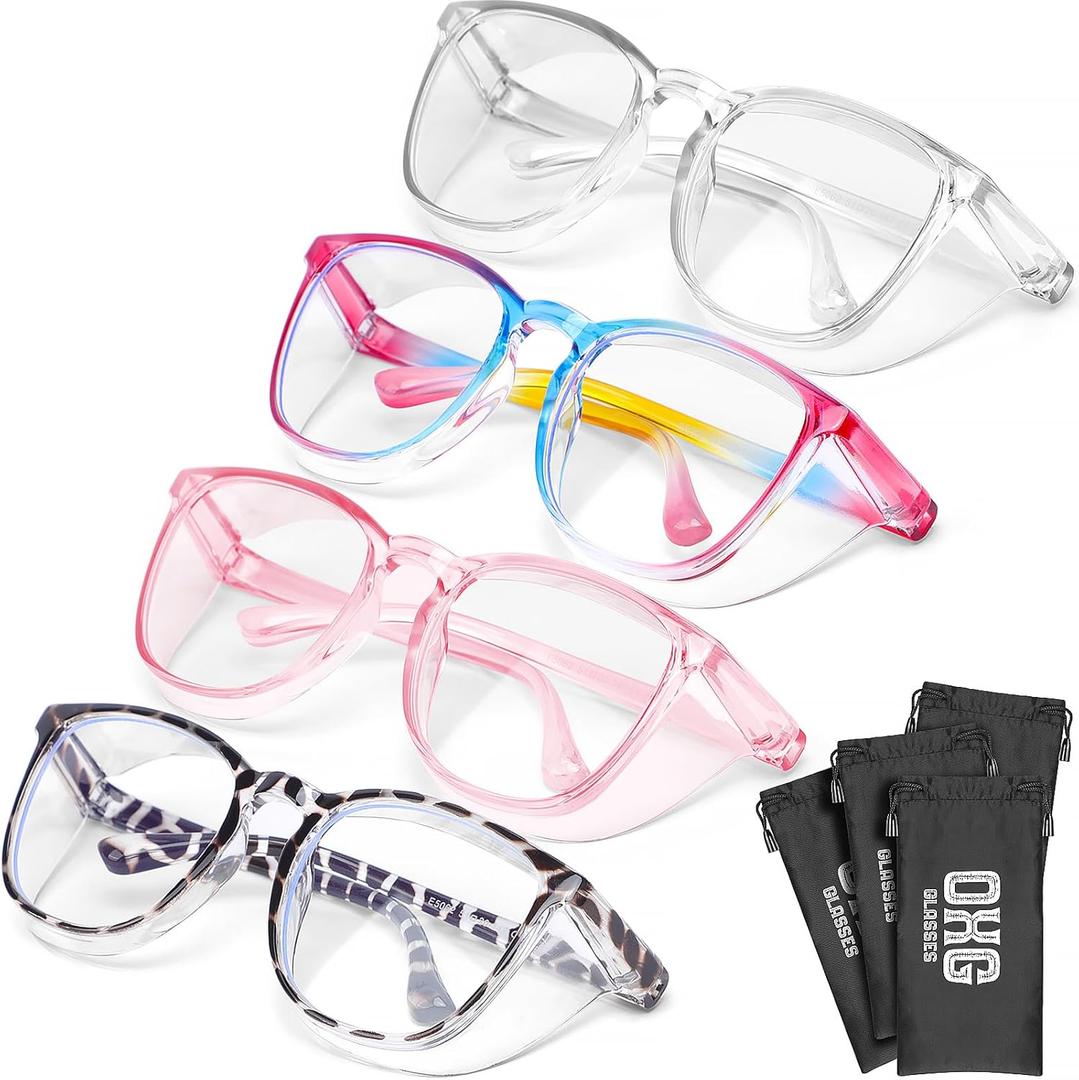 OXG 4 Pack Safety Glasses Anti Fog Goggles, Blue Light Blocking Stylish Safety Glasses for Women Nurses Protective Eyewear (Leopard+rainbow+clear+pink)
