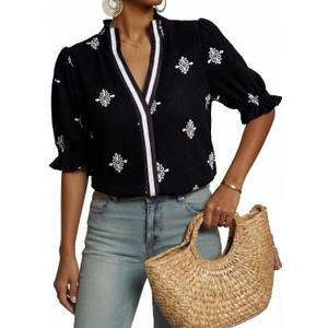 Dokotoo Womens Boho Floral Ruffle Shirt Puff Short Sleeve V Neck Blouse Top | 2026 Summer Fall,Puff Short Sleeve,V Neck,Dressy Casual,Boho Tops,Beach Vacation Tunic,Loose Fit,Flowy Clothes (Black, S)