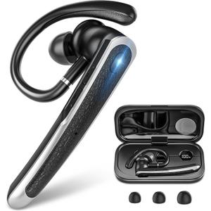 Sisism Bluetooth Headset, Wireless Bluetooth Earpiece with LED Display Charging Case, V5.3 Hands Free Noise Canceling Headphones with Dual-Mic for Computer/Laptop/Cell Phones/Home/Office/Trucker (Black)