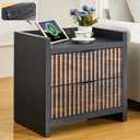 24" Night Stand Fluted Nightstand with Charging Station End Table 2 Drawers Storage, Large Modern Wood Wide Bedside Stand Side Table for Bedroom, Home Office Black Brown