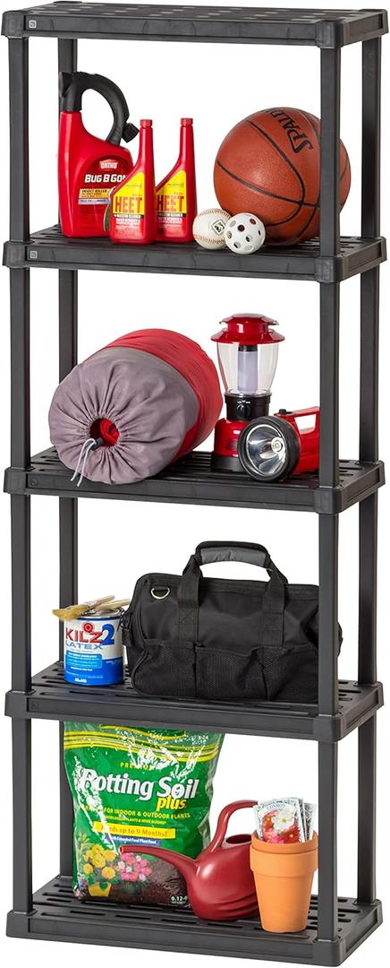IRIS USA 5-Shelf Light Duty Plastic Storage Shelves, 250lb Capacity, 64"H x 24"W x 12"D, Medium Modular Shelving Unit Storage Organizer for Garage, Home, Bathroom & Laundry, Storage Rack - Black